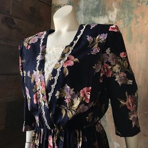 Vintage navy floral and lace tea dress vtg